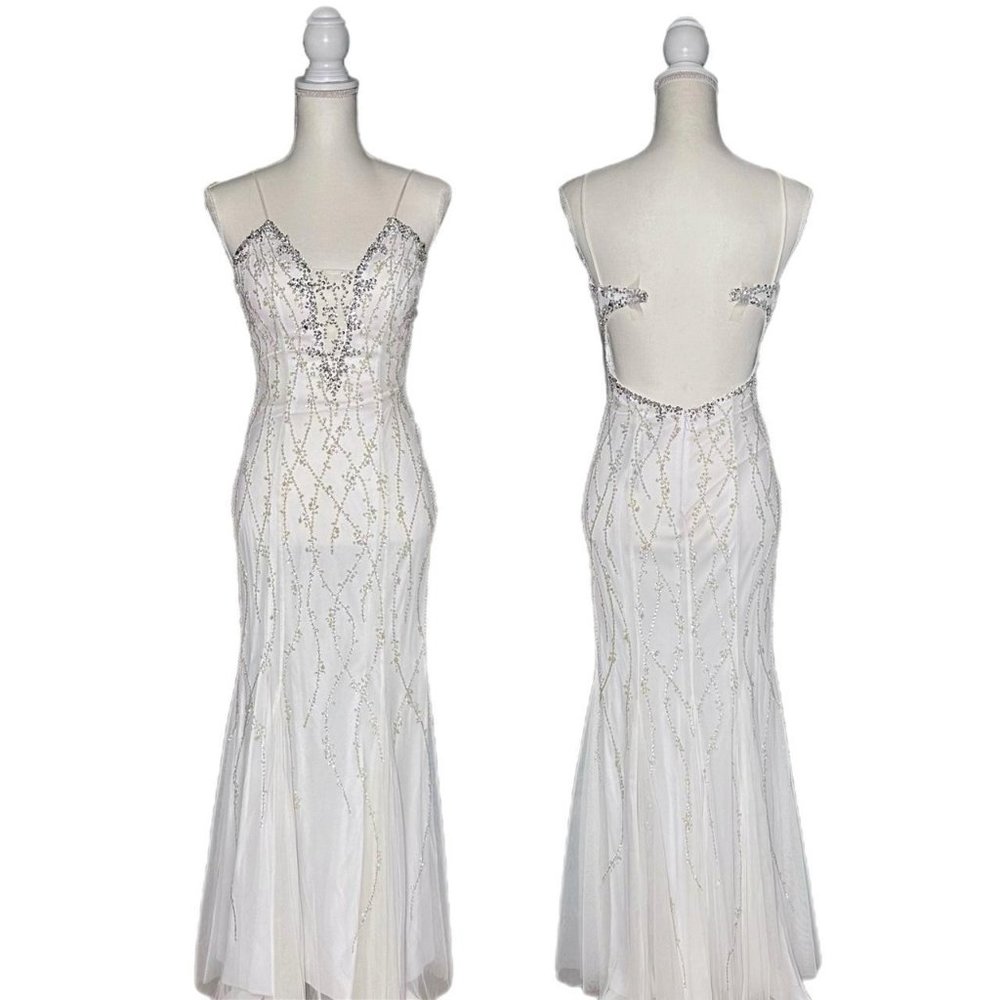 Vintage White Mermaid/Fishtail Hem Prom Gown w/ Silver & Iridescent Beads